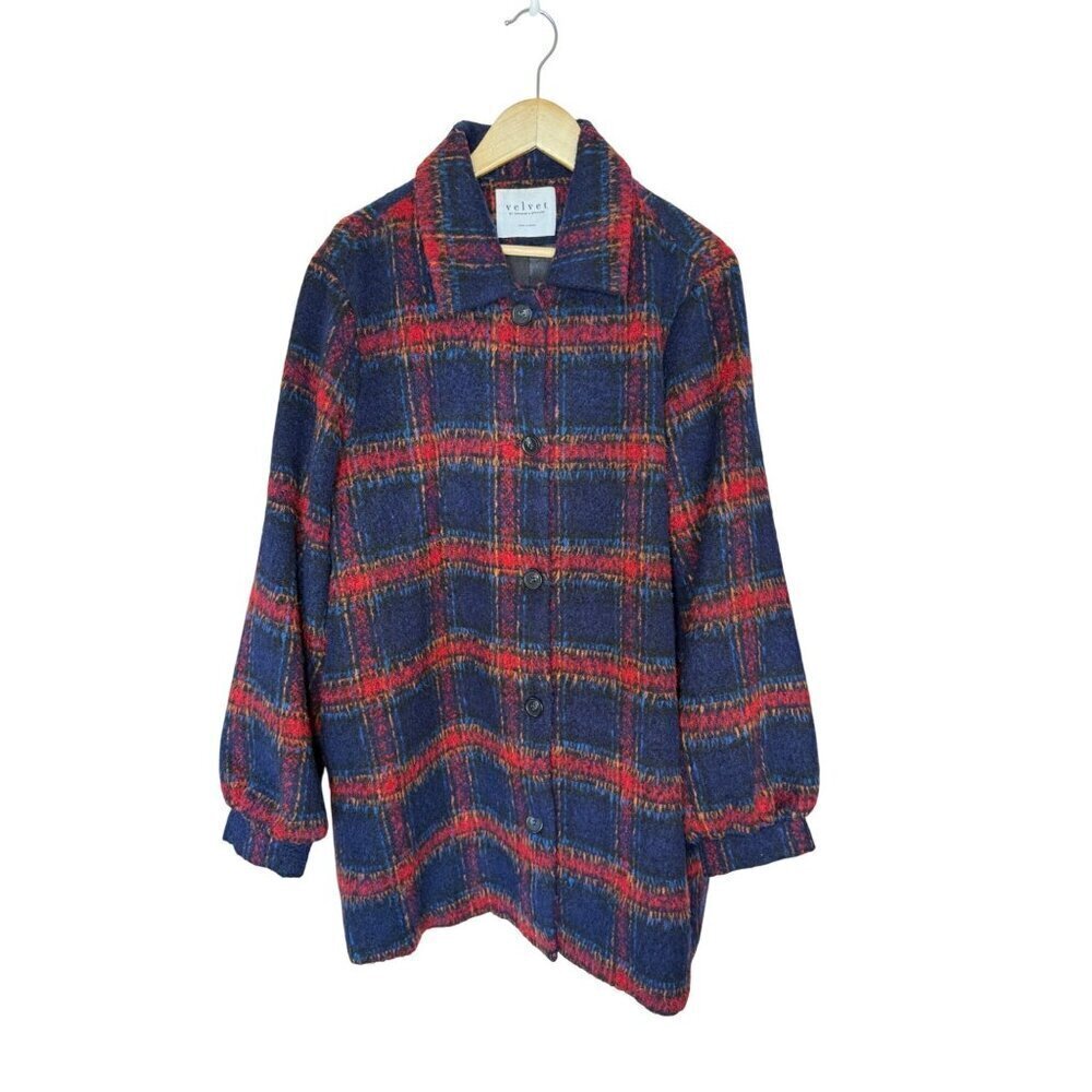 Velvet by Graham Spencer Colette Jacket Wool Button Front Coat Navy Plaid Size L